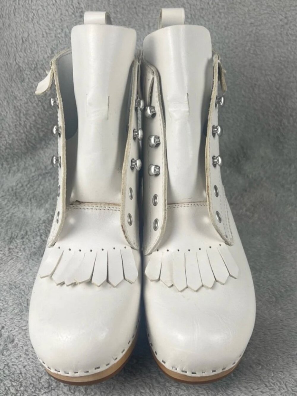 SWEDISH HASBEENS Wood Clog White Leather Kiltie Lace Up Booties 40 - Picture 3 of 16